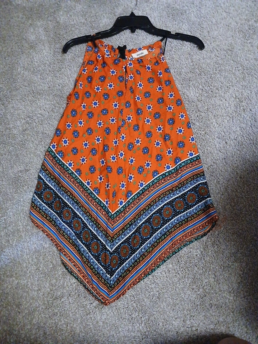 meraki Orange Halter Asymmetrical Handkerchief Hem Top with Blue and Cream Motif